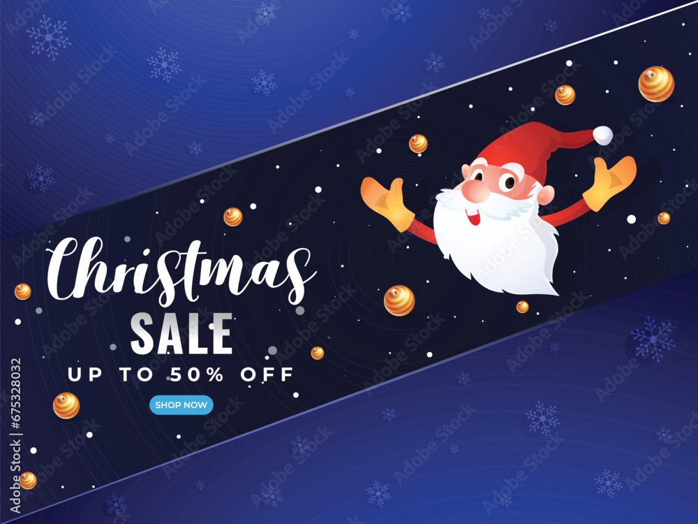 Sticker Christmas Sale banner or poster design with 50% discount offer and santa claus illustration on blue snowflake background decorated with bauble balls.