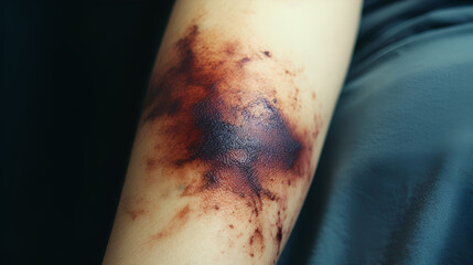 of a huge bruise in the skin of a woman arm - obrazy, fototapety, plakaty