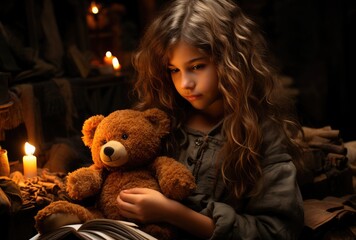 A young girl sitting at home, fully absorbed in reading a magical book while her beloved bear toy sits beside her