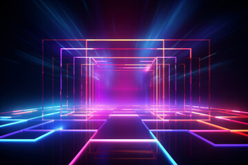 Abstract neon light geometric background. Glowing neon lines. Empty futuristic stage laser. Colorful rectangular laser lines. Square tunnel. Night club empty room. Laser show design. - obrazy, fototapety, plakaty