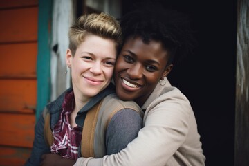 Interracial lesbian couple - obrazy, fototapety, plakaty