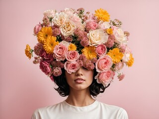 Woman with her head covered with flowers, on pink background