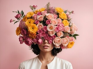 Woman with her head covered with flowers, on pink background