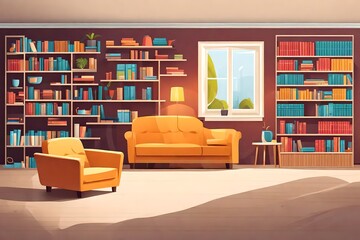 cartoon living room bookcase with books