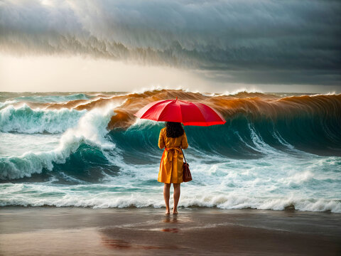  a dramatic and surreal image of person holding an umbrella while standing at the edge of the ocean