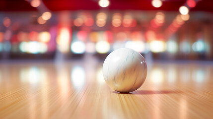 White bowling ball on the track. Sport game. For sport design or web background. Generative ai - obrazy, fototapety, plakaty