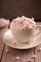 photo sweet dessert, white and pink marshmallow, coffee cup with foam, close up, enjoyment, minimalism, snack, cafe, atmosphere
