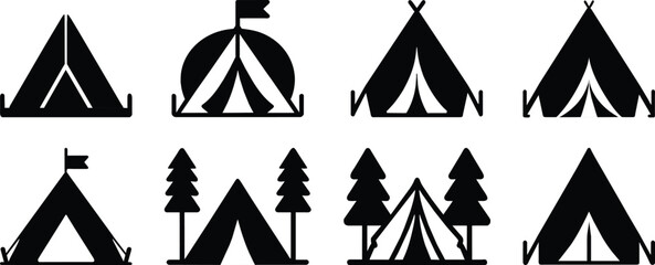 Set of camping tent silhouette, monochrome, travel and relaxation, vector illustration  isolated