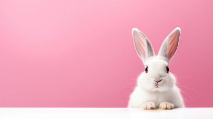 Front view of white cute rabbit standing on pink background. Easter concept. copy space