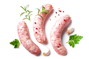 Raw sausages with spices and rosemary - obrazy, fototapety, plakaty