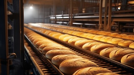 a bread factory where loaves of bread are being transported on a conveyor belt, signifying an automated production process in an industrial setting.