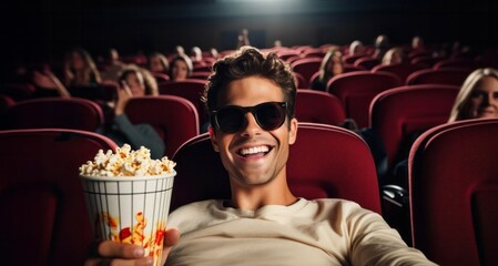 Joven contento en una sala de cine sentado con palomitas en la mano y gafas 3d puestas - obrazy, fototapety, plakaty