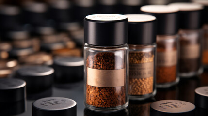 Fototapeta na wymiar a collection of small glass jars with black lids and gold labels, each filled with different types of spicesBackground