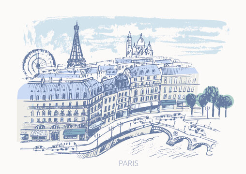 Hand drawn Paris colorful urban sketch