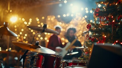 festive Christmas scene with a band performing in front of a beautifully decorated tree, creating a lively and cheerful holiday atmosphere. - obrazy, fototapety, plakaty