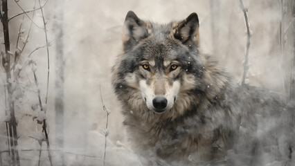 The graceful appearance of a gray wolf looking into the eyes of a photographer - obrazy, fototapety, plakaty