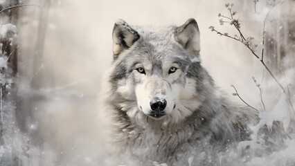 Fototapeta premium The graceful appearance of a gray wolf looking into the eyes of a photographer