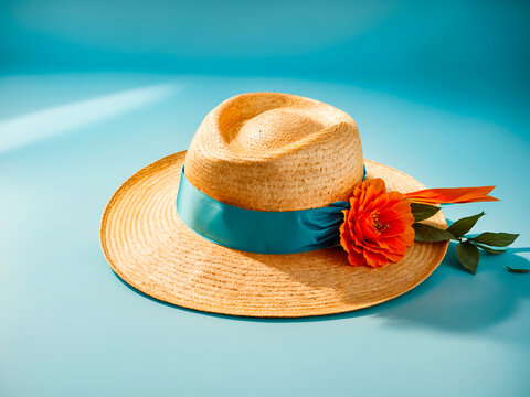 A stylish straw hat with a teal ribbon is adorned with a bright orange flower