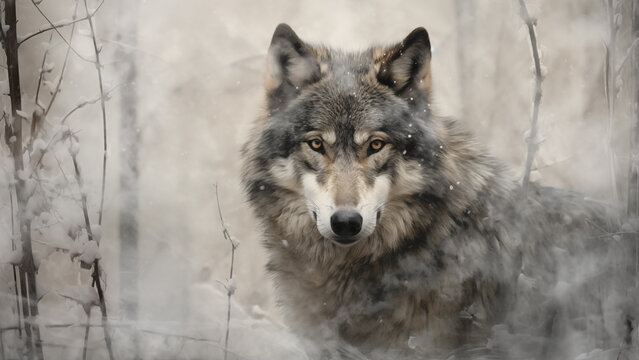 The graceful appearance of a gray wolf looking into the eyes of a photographer