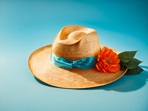 A stylish straw hat with a teal ribbon is adorned with a bright orange flower