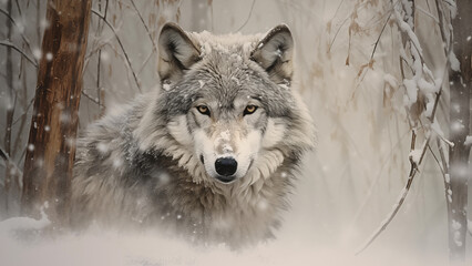 The graceful appearance of a gray wolf looking into the eyes of a photographer