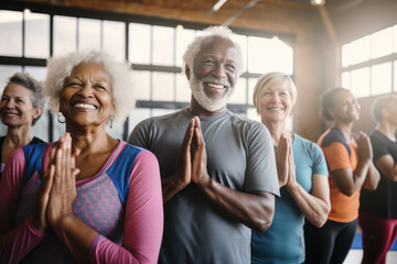 Group of active elderly people perform yoga together at a retreat center to improve their physical...
