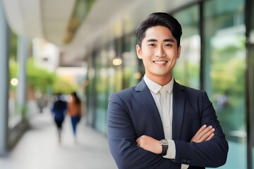 Portrait closeup of Asian businessman standing at outdoor city