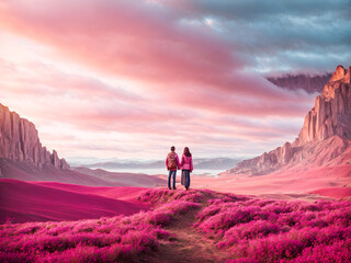Couple in love in fantasy pink nature landscape - obrazy, fototapety, plakaty