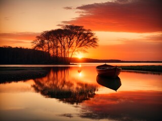 A serene sunset paints the sky with warm hues of orange and red, as a lone boat gently floats on...