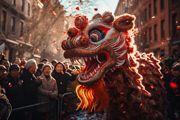 Celebrating Chinese Dragon New Year in street. AI Generated.