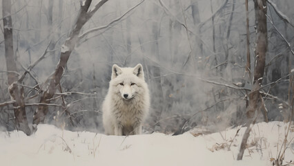 A white fox making eye contact and looking curiously at a photographer