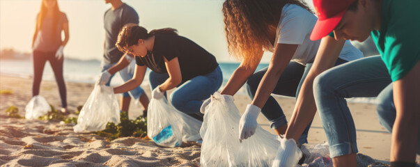 Fototapeta na wymiar Team of volunteers picking up trash or plastic waste bottles from beach