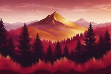 Gardinen magical evening landscape, sunset in the forest, overlooking the mountains, illustration, generated by ai © MORKVA