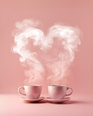 Two pink coffee cups with delicate wisps of steam that gracefully rise and converge above them, creating the illusion of a heart shape. Perfect for themes like Valentine's Day or a romantic morning.