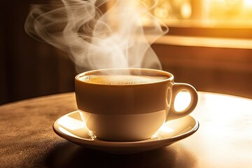 Morning elixir. Aromatic espresso in vintage rustic setting on wooden table. Energy boost. Aroma of tradition. Retro cup on surface. Coffee ritual. Rich in cafe