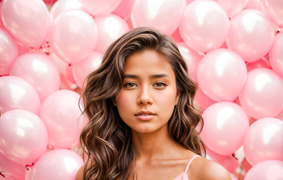 female wearing pink dress, pink balloons in background