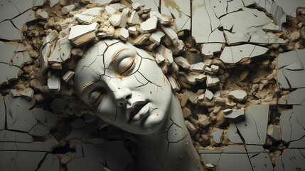 Portrait beautiful woman with white marble face art. Female face with a cracked wall background. Plaster sculpture of a woman with white skin. Depression, emotional distress, mental health concept.