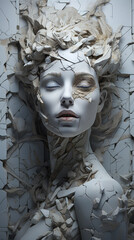Portrait beautiful woman with white marble face art. Female face with a cracked wall background. Plaster sculpture of a woman with white skin. Depression, emotional distress, mental health concept.