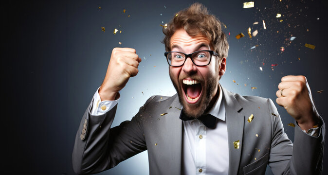 Hombre ganador en traje celebrando una victoria o un premio