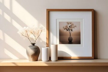 empty wood shelf with plant vases, canvas, and a decorative. photo frame, modern interior design of the living room.
