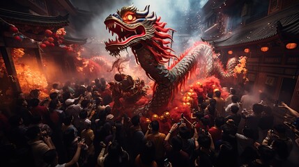 Dragon dance performance, Chinese New Year public event. AI Generated.