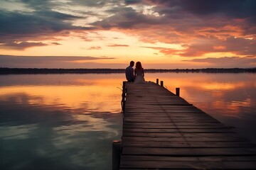 Romantic couple sitting on a wooden jetty in the lake at sunset