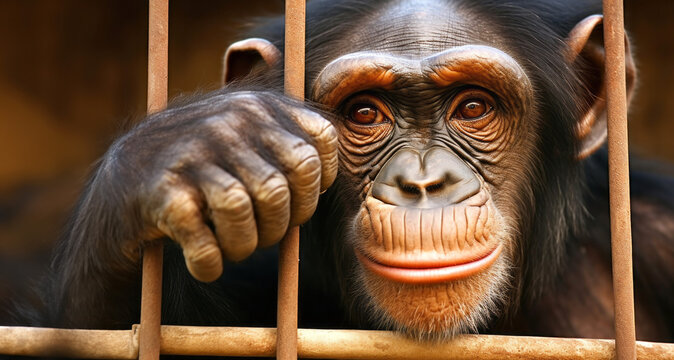 Chimpanc&eacute; simio encerrado en una jaula solo 