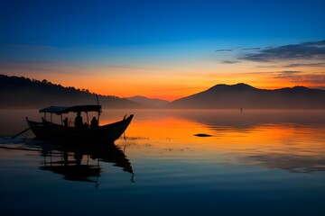 Fototapeta na wymiar Fishing boat on the lake in the morning at sunrise