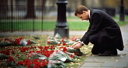 Hombre dejando rosas en suelo en ofrenda en un entierro o funeral sintiendo luto y duelo - obrazy, fototapety, plakaty
