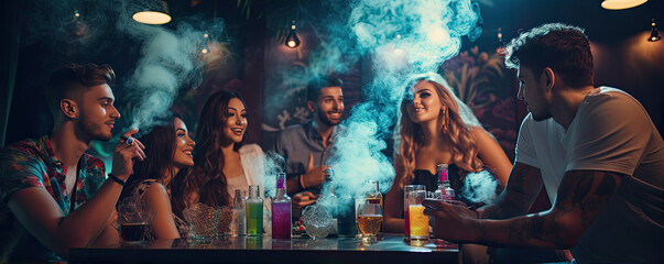 Happy smillig friends drinking and smoking shisha or Marijuana in night bar.