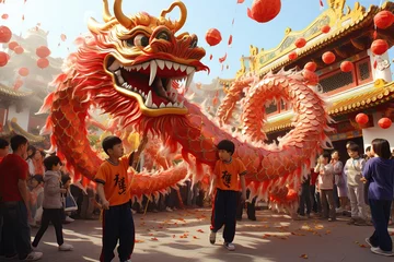 Gordijnen Chinese Dragon New Year dance performance in street. AI Generated. © Marcela Ruty Romero