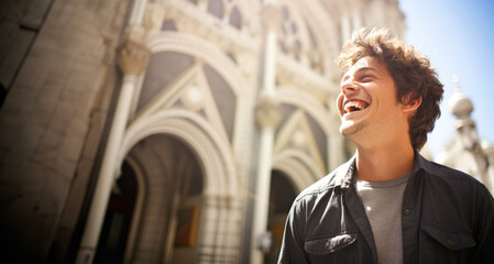 Hombre Joven Turista sonriente de pie delante de una catedral - obrazy, fototapety, plakaty