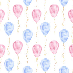 Balloons Vector seamless Pattern. Hand drawn illustration of baloon on a transparent isolated background. Watercolor drawing of blue and pink birthday party ballon. For wrapping paper and cards