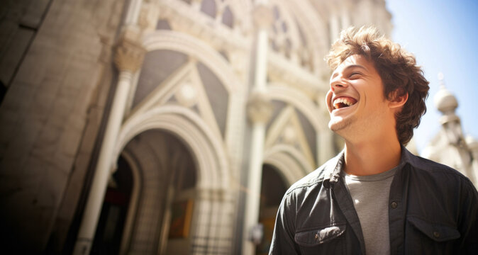 Hombre Joven Turista sonriente de pie delante de una catedral